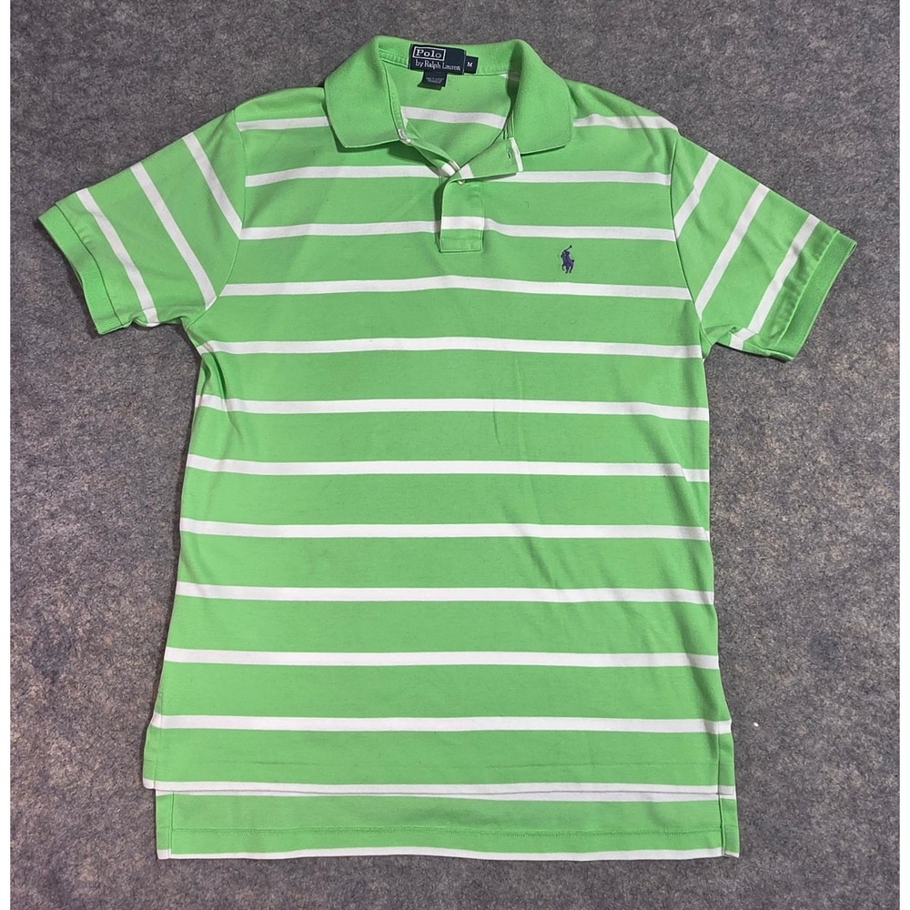 Polo Ralph Lauren Mens Green White Striped Short Sleeve Polo Shirt Size Medium